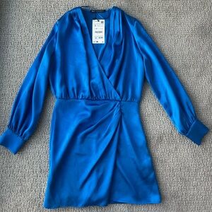 Blue Satin Long Sleeve Mini Dress